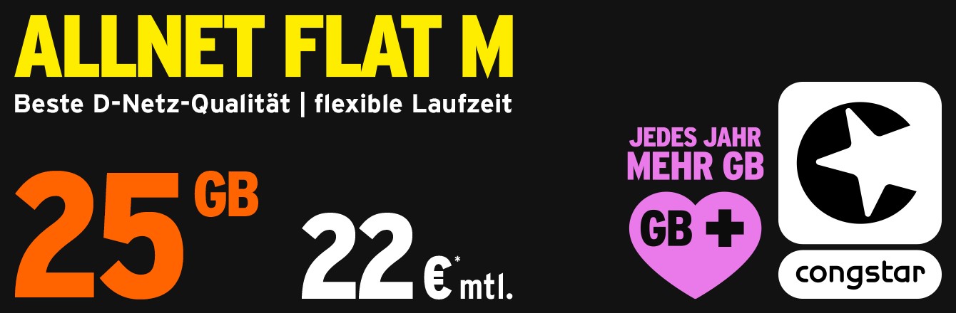 congstar Allnet Flat M: 25 GB fr nur 22 € mtl.