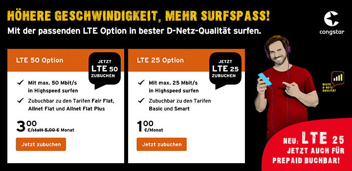 congstar - LTE 50 Option für nur 3 € zubuchbar
