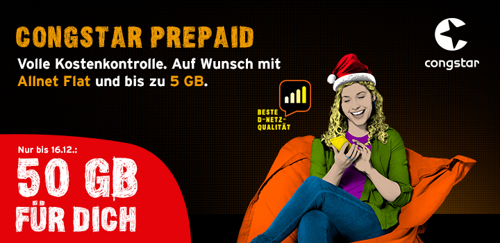 congstar Prepaid Aktion  nur bis 16.12.2019: 50 GB einmalig sichern