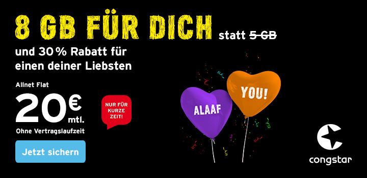 congstar 💕 Alaaf You Aktion Allnet Flat mit 8 GB