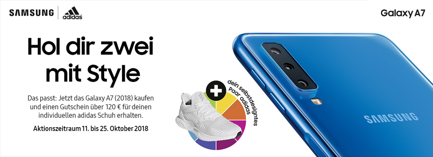 Jetzt Galaxy A7 (2018) bestellen und einen Gutschein ber 120   fr einen individuellen adidas Schuh erhalten<br />
