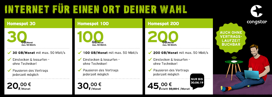 Neu: congstar Homespot - Jetzt mit bis zu 200 GB im LTE-Netz surfen. 