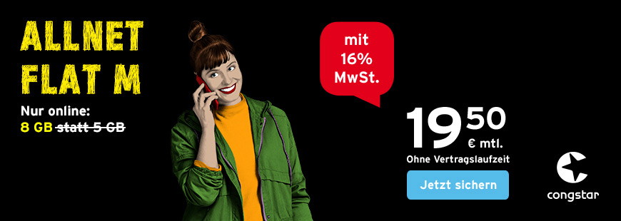 8 GB statt 5 GB - Jetzt online Vorteil im congstar Allnet Flat Tarif M nutzen