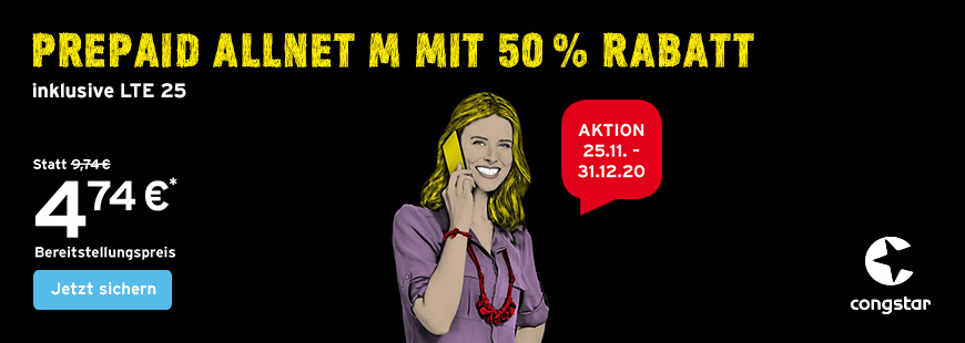 congstar Prepaid Aktion - 50 % Rabatt und LTE 25 inklusive