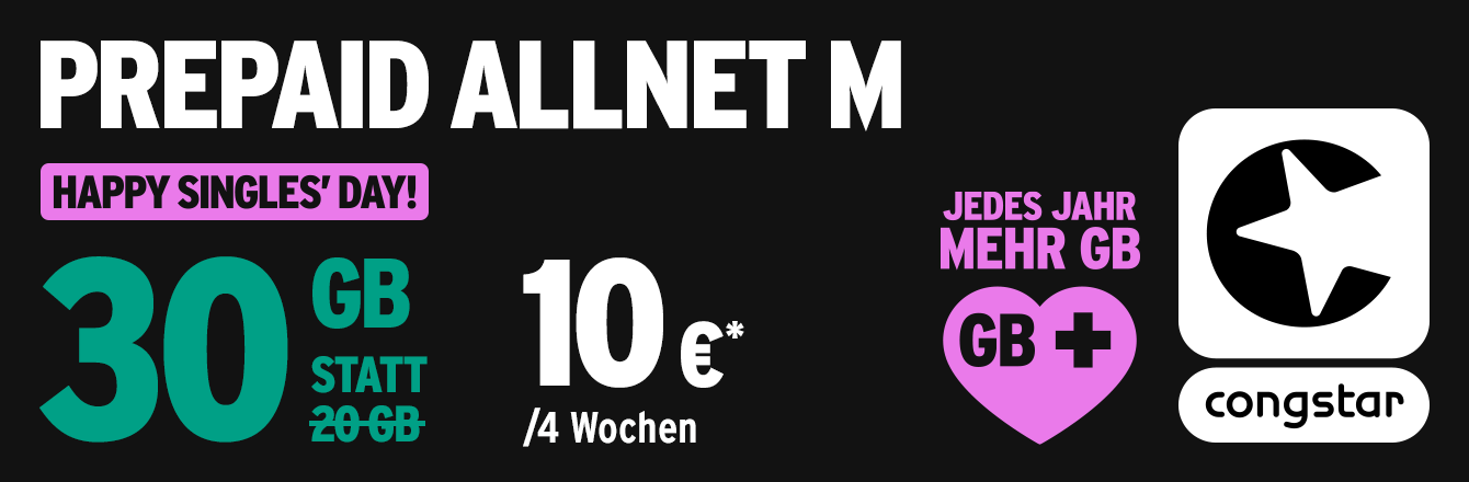 congstar Single Days Aktion: Prepaid M mit 30 GB fr 10  im Monat